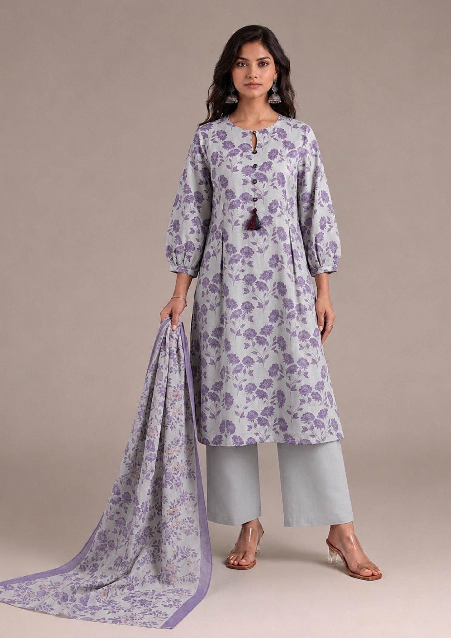 Side profile of Lilac Serenity stitched printed lawn suit with elegant lilac floral print and breathable lawn fabric by Mirasl.