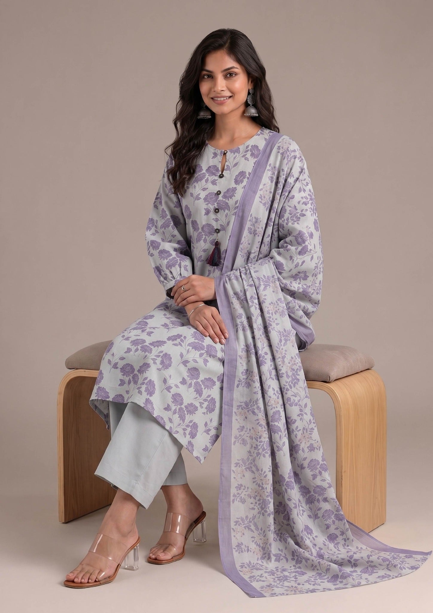 Walking view of Lilac Serenity ready to wear Pakistani lawn dress with flowing printed dupatta and relaxed straight fit.