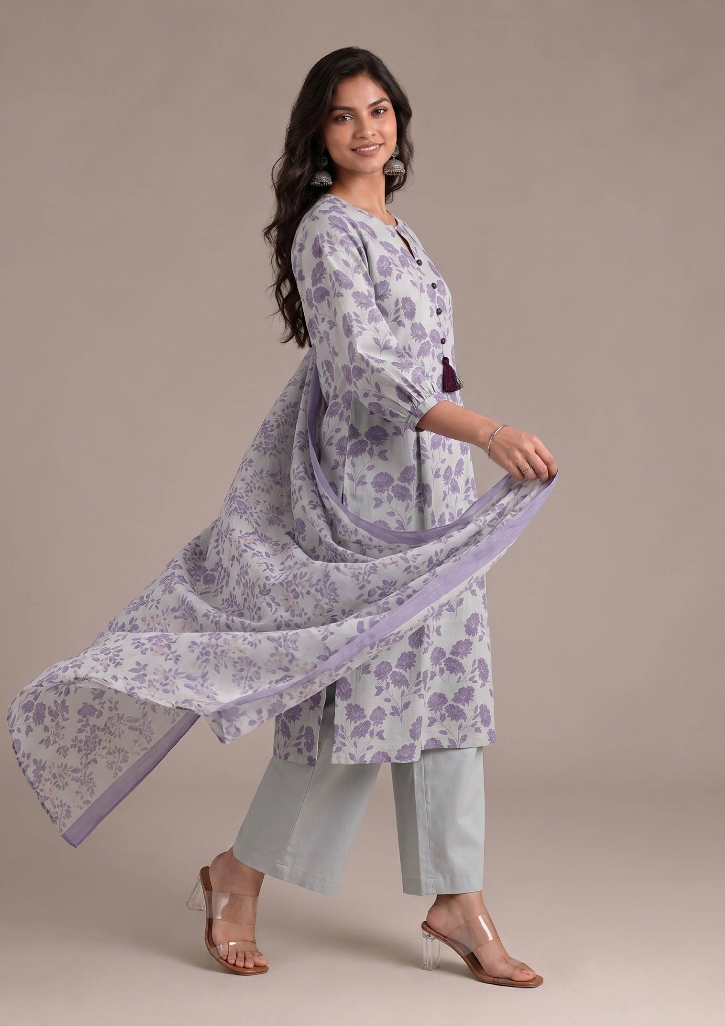 Elegant full-length view of Lilac Serenity 3 piece stitched lawn suit from the fasl-e-rang collection by Mirasl.