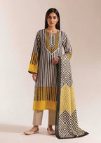 Front walking view of Linear Sunshine Noir 3 piece stitched lawn suit with black ivory pinstripe kurta, sunshine yellow hem and diamond-print dupatta