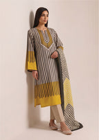 Linear Sunshine Noir Pakistani lawn suit with pinstripe kurta, beige trouser and statement diamond-print dupatta in yellow grey and black