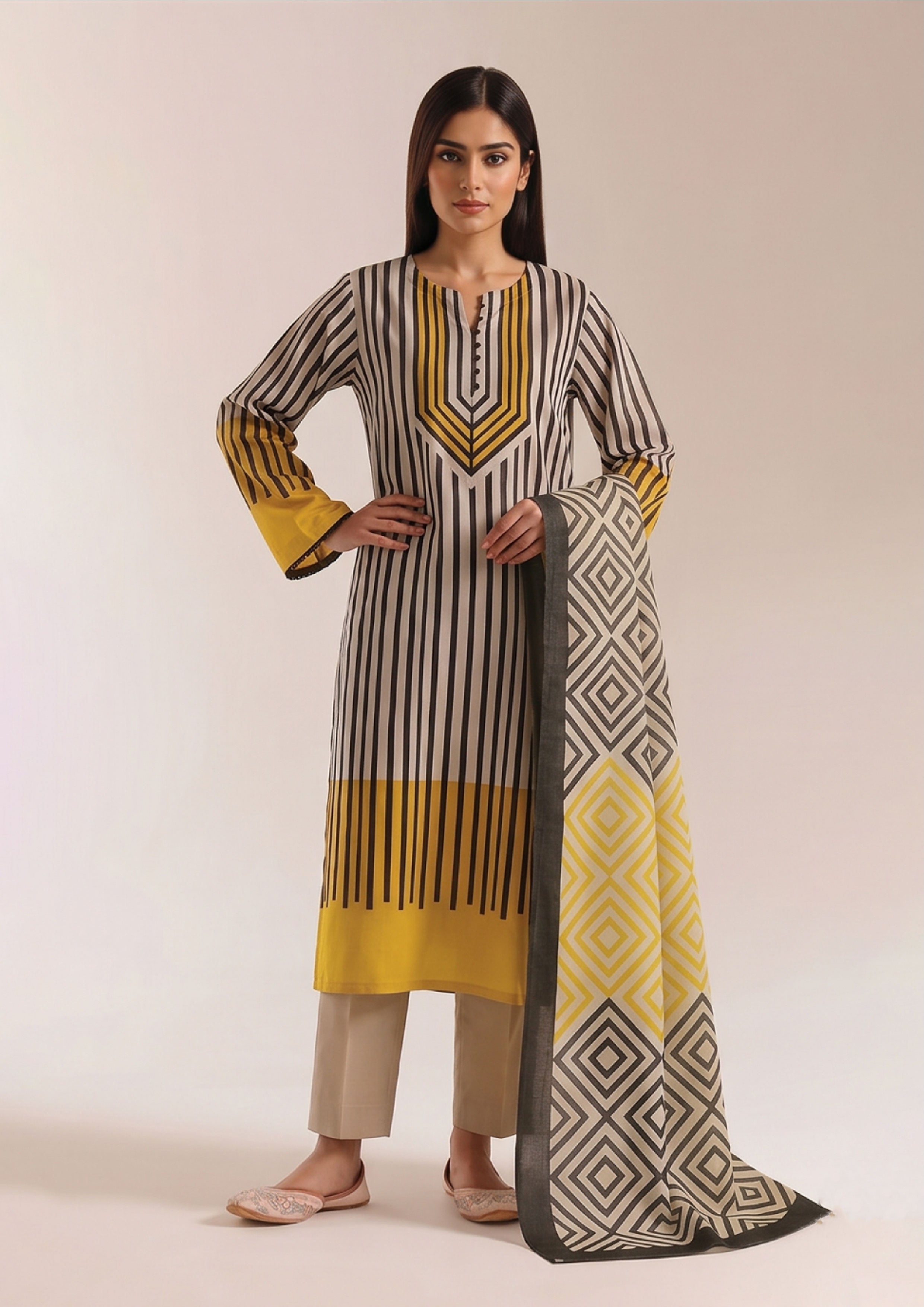 Side angle of Linear Sunshine Noir pinstripe lawn suit showing chevron neckline, sunshine yellow cuffs and geometric diamond dupatta