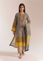 Front look of Linear Sunshine Noir women stitched lawn suit with vertical black ivory stripes, yellow color blocks and neutral trouser