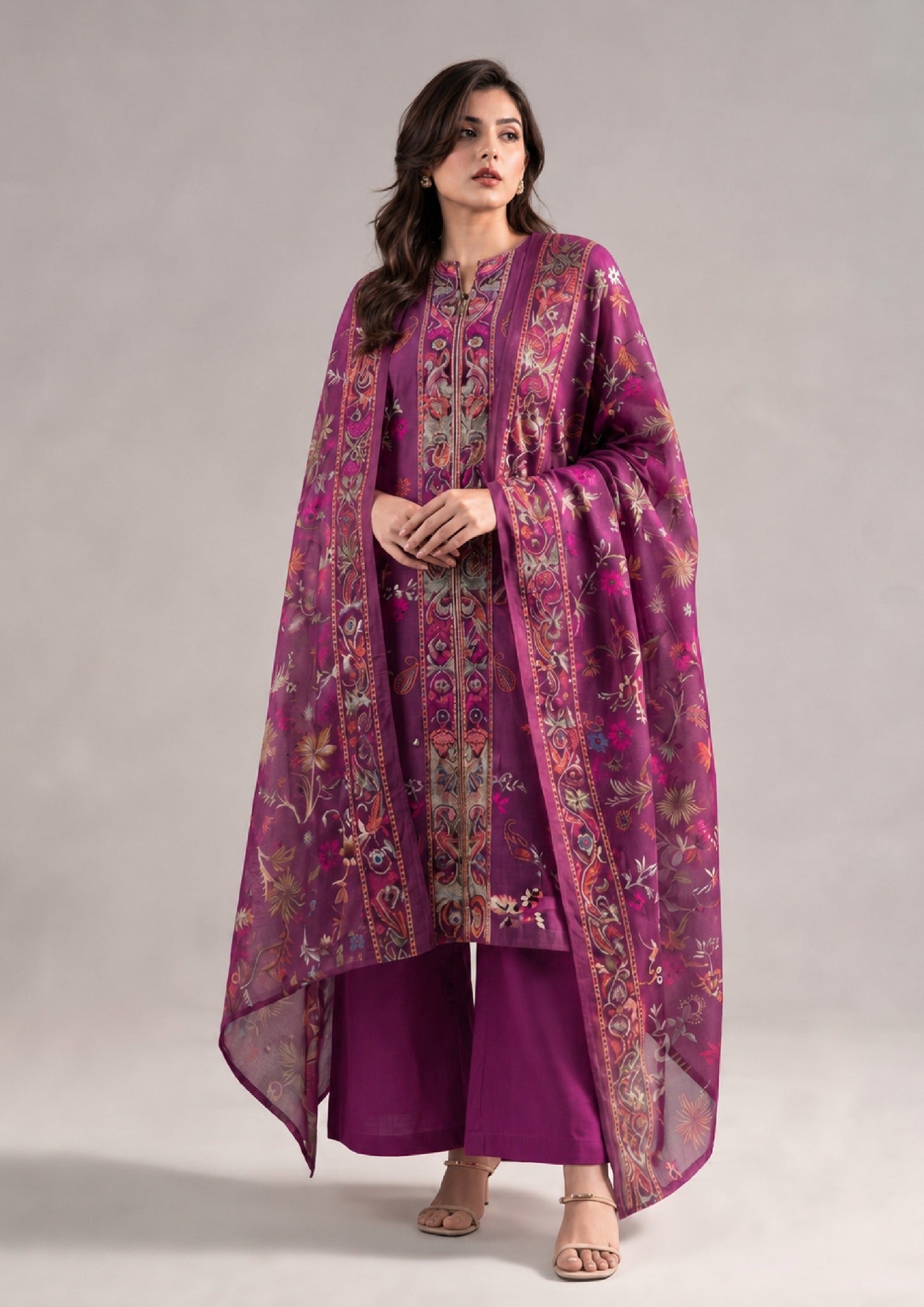 Magenta Grace 3 Piece Stitched Lawn Suit by Mirasl from the fasl-e-rang collection featuring a magenta printed shirt, straight trousers and printed dupatta.