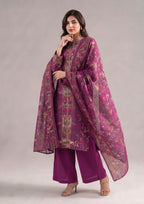 Front view of Magenta Grace stitched printed lawn suit with detailed floral borders, breathable lawn fabric and relaxed straight fit by Mirasl.
