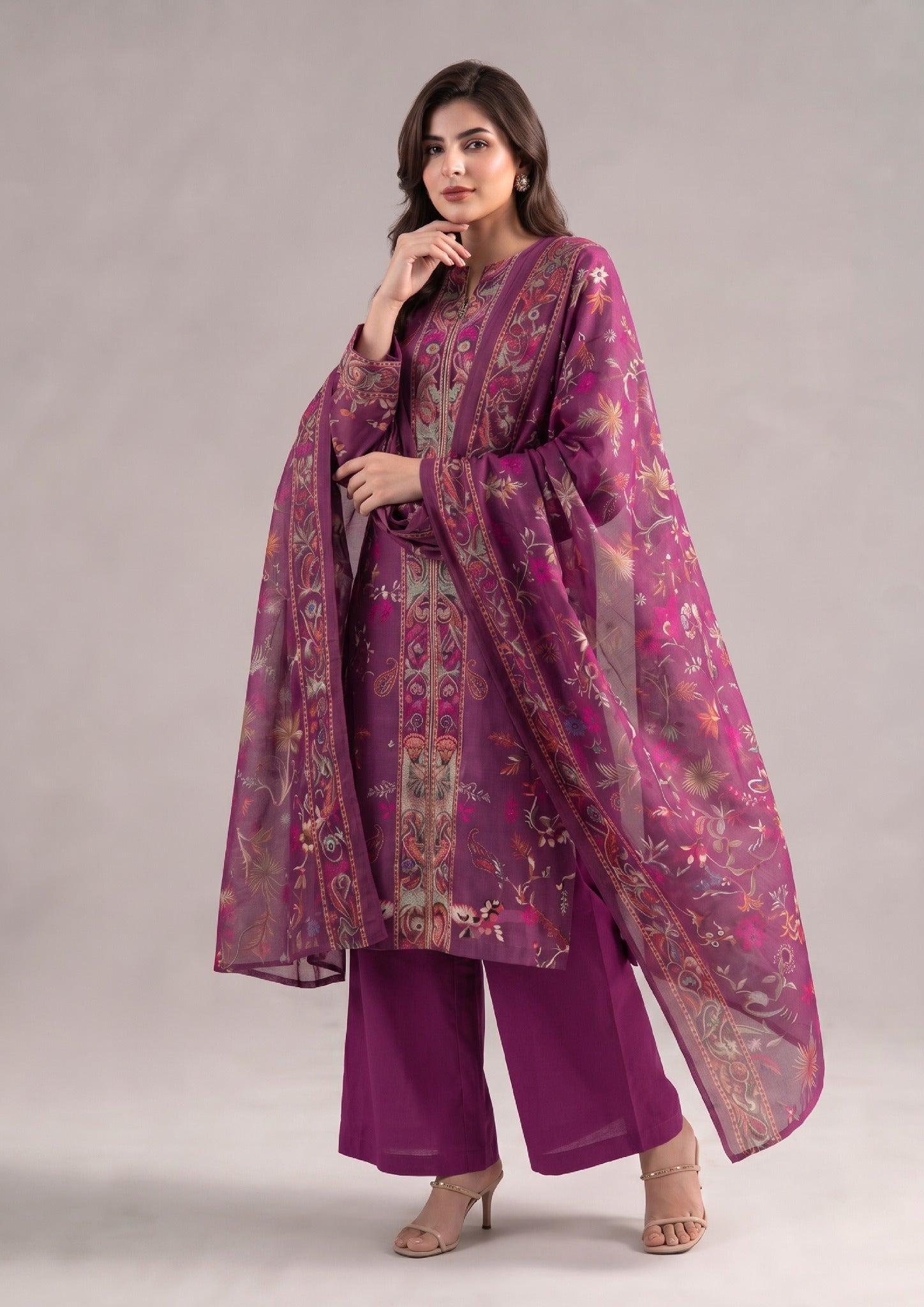 Front view of Magenta Grace stitched printed lawn suit with detailed floral borders, breathable lawn fabric and relaxed straight fit by Mirasl.