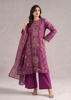 Side view of Magenta Grace Pakistani lawn dress with coordinated printed dupatta and rich magenta purple tones.