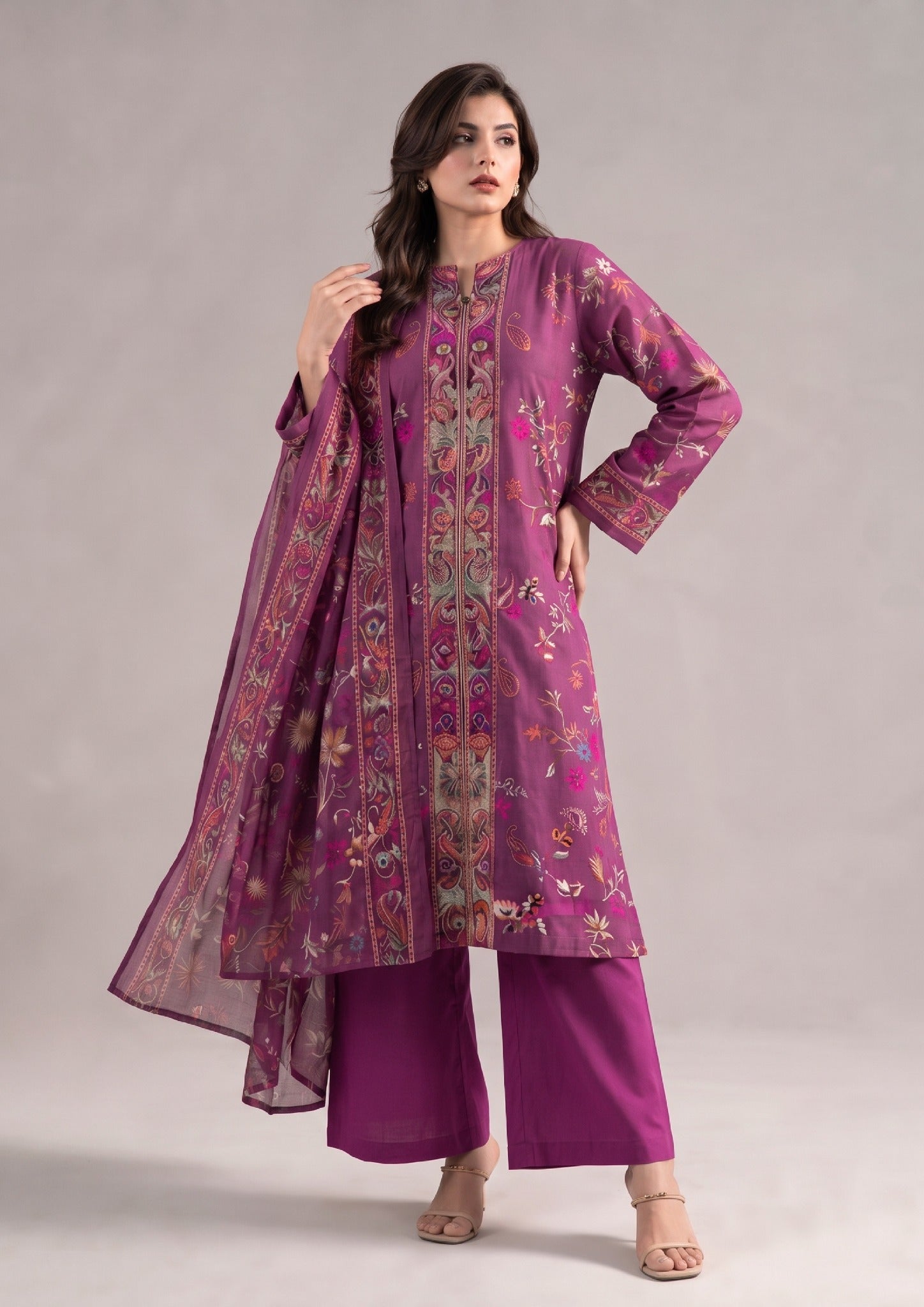Side view of Magenta Grace Pakistani lawn dress with coordinated printed dupatta and rich magenta purple tones.
