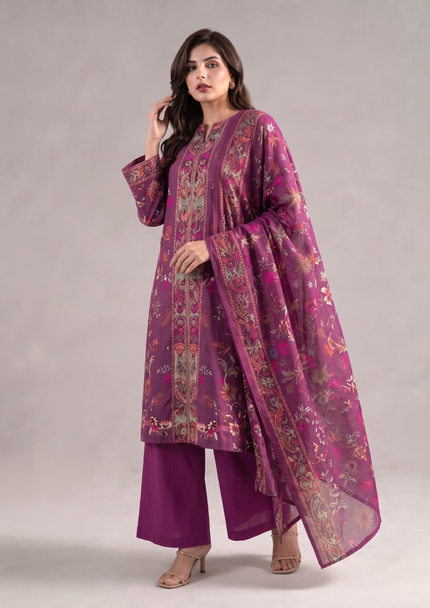 Magenta Grace ready to wear lawn suit by Mirasl with printed dupatta, floral details and premium Pakistani lawn styling.