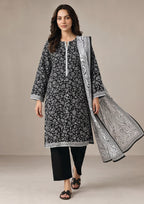 Marble Veil Noir 3 piece stitched lawn suit by Mirasl with black floral printed shirt, wide trouser and ivory marble dupatta