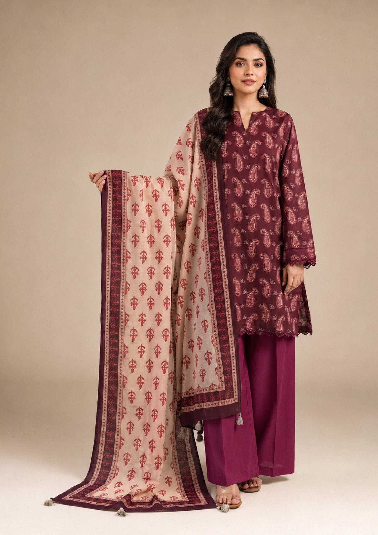 Maroon Paisley 3 Piece Stitched Printed Lawn Suit by Mirasl from the fasl-e-rang collection – Front View