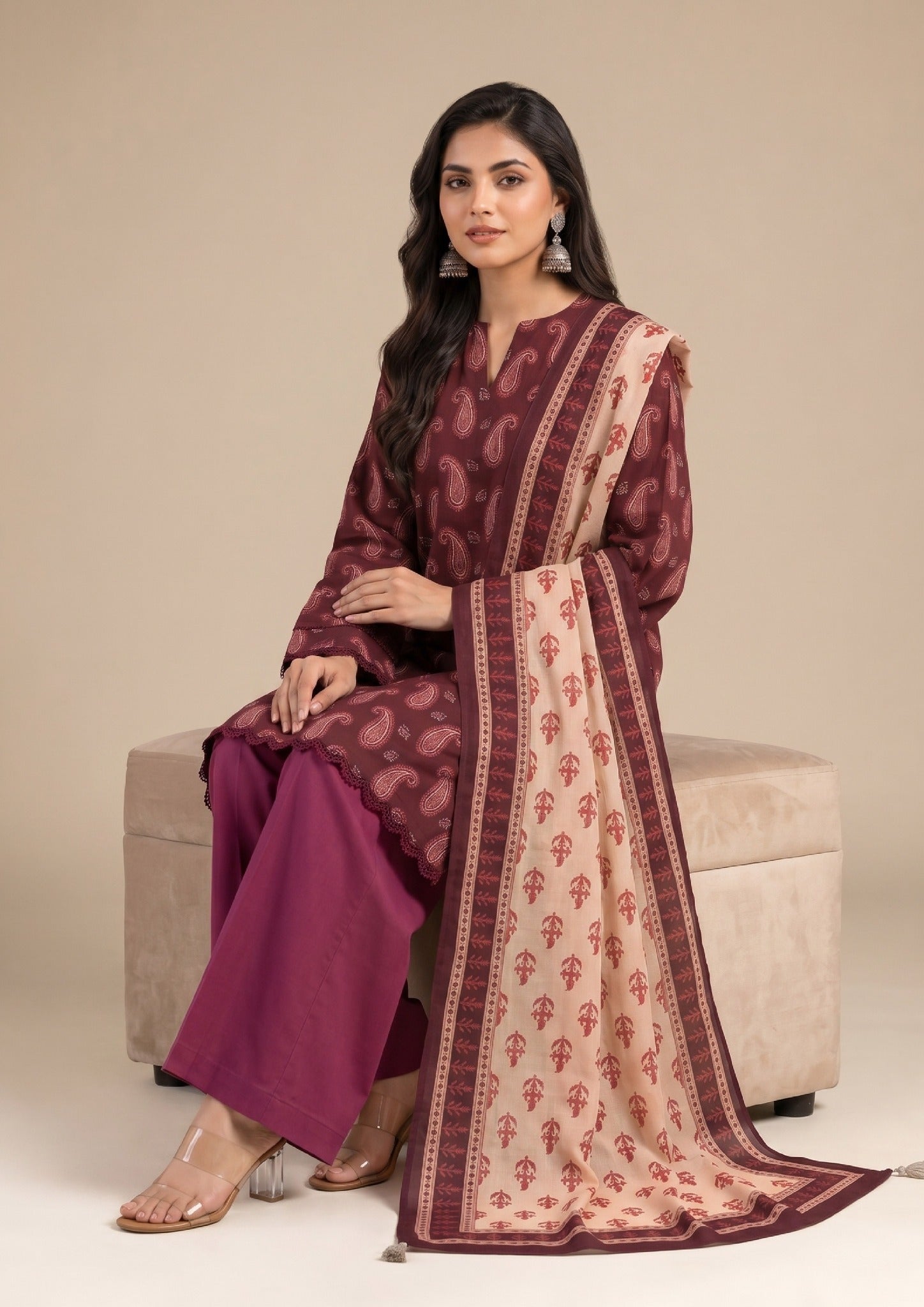 Maroon Paisley Pakistani Printed Lawn Suit with beige printed dupatta – Sitting View