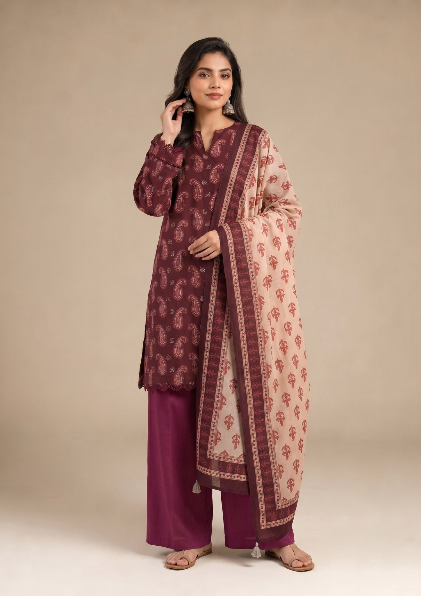 Maroon Paisley Women's Ready to Wear Lawn Suit with paisley printed shirt – Fashion View