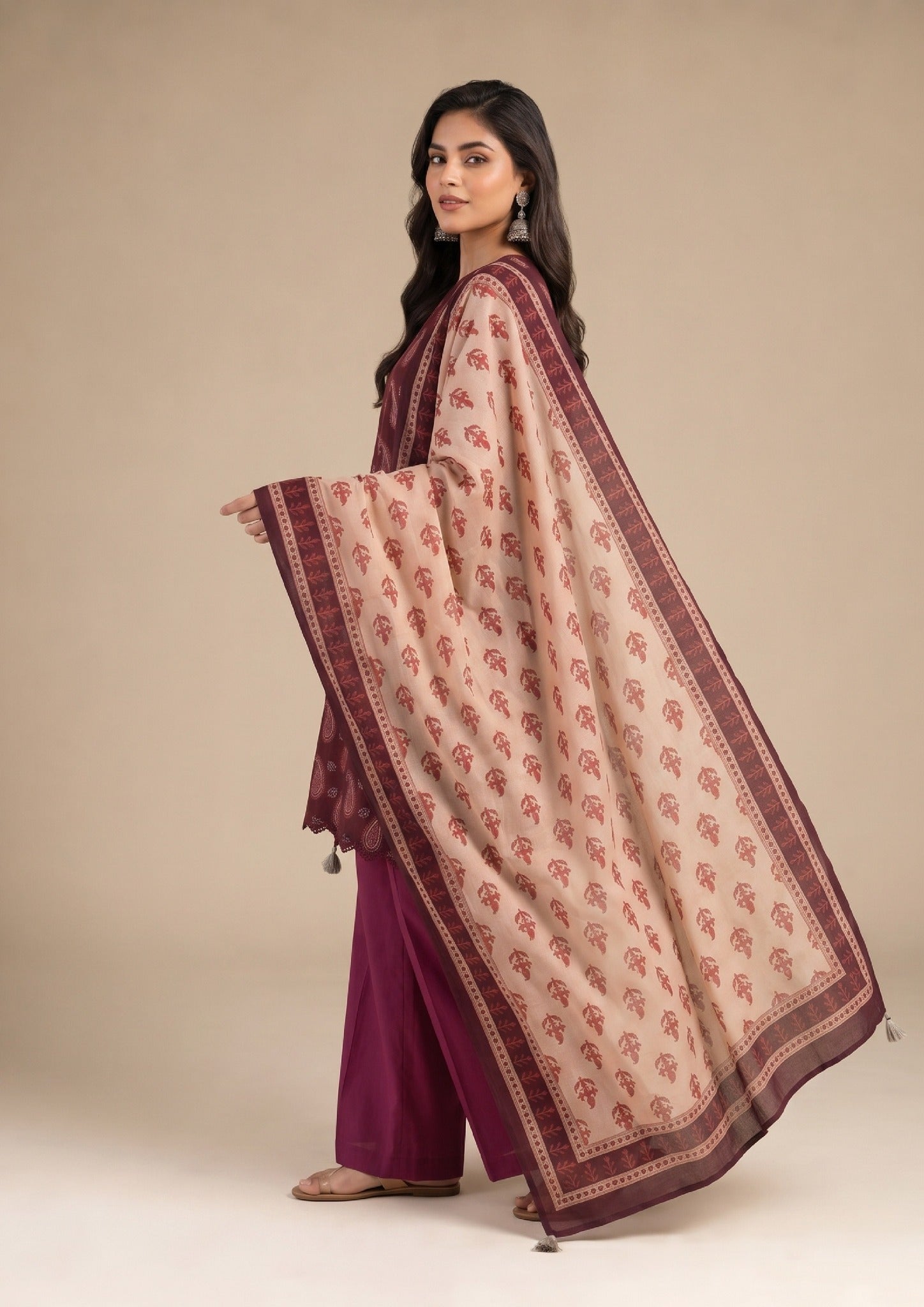 Maroon Paisley Maroon Printed Lawn Suit with beige dupatta – Side View