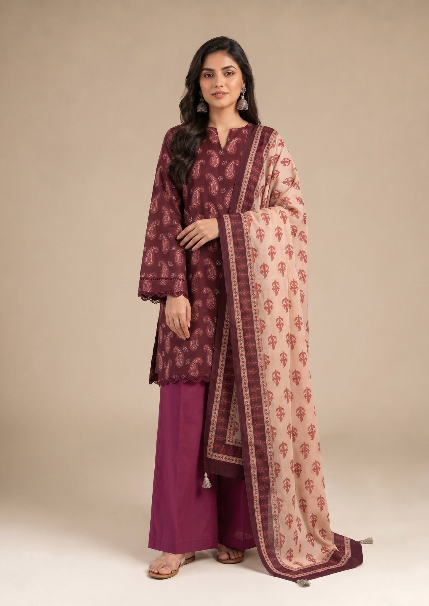 Maroon Paisley Designer 3 Piece Stitched Lawn Suit with printed dupatta – Full Look