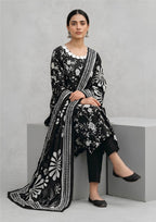 Midnight Bloom 3 piece suit in black lawn with ivory floral neckline and statement dupatta by Mirasl