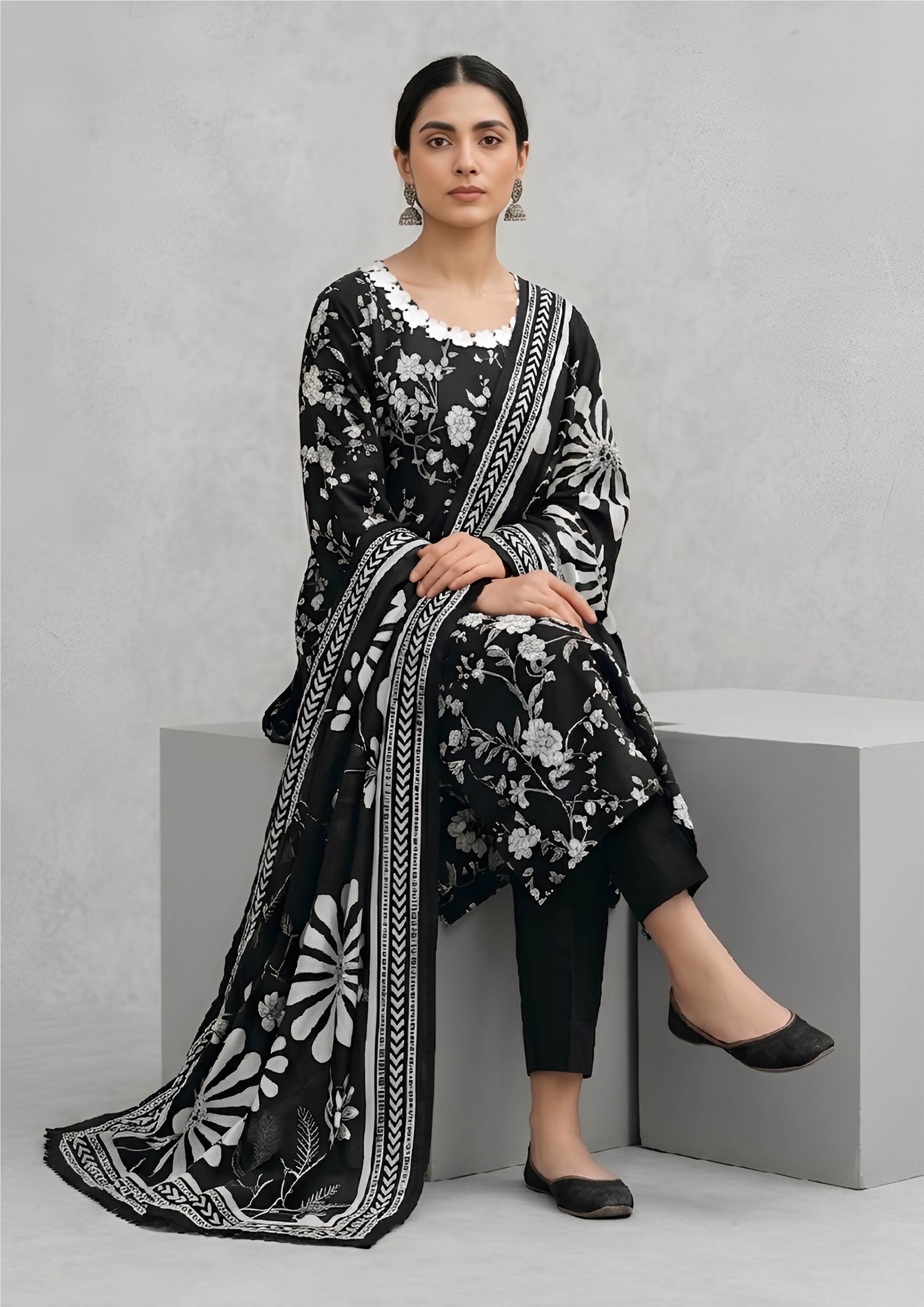 Midnight Bloom 3 piece suit in black lawn with ivory floral neckline and statement dupatta by Mirasl