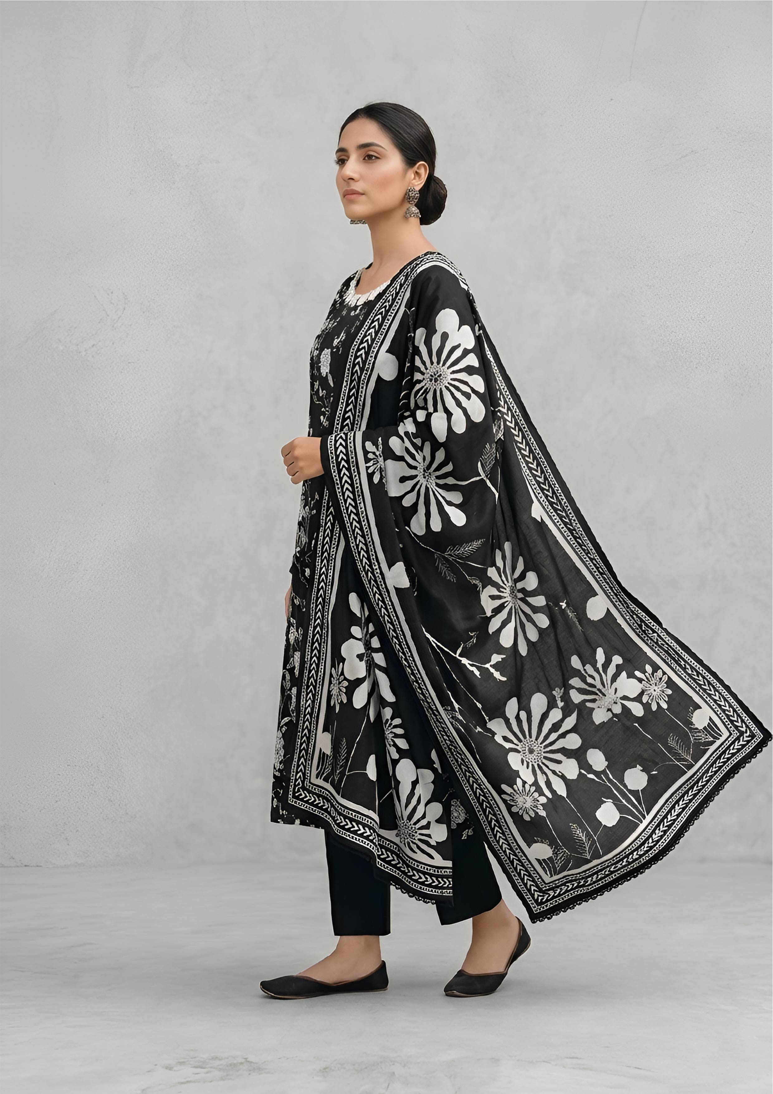 Side view of Midnight Bloom ready to wear black lawn suit with bold floral dupatta and geometric border