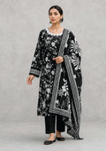 Midnight Bloom 3 piece stitched lawn suit with oversized floral printed dupatta and tailored black trouser