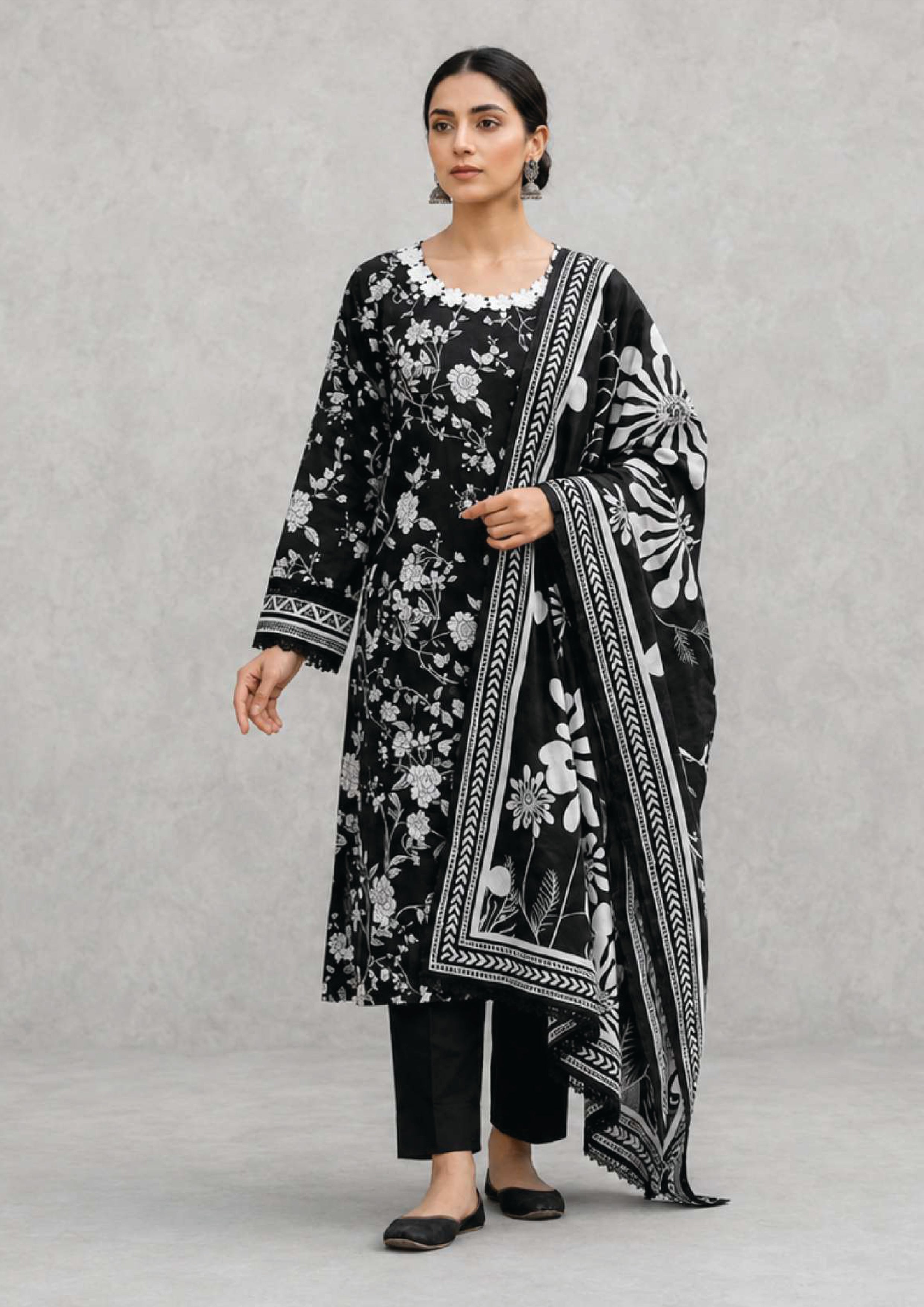 Midnight Bloom 3 piece stitched lawn suit with oversized floral printed dupatta and tailored black trouser