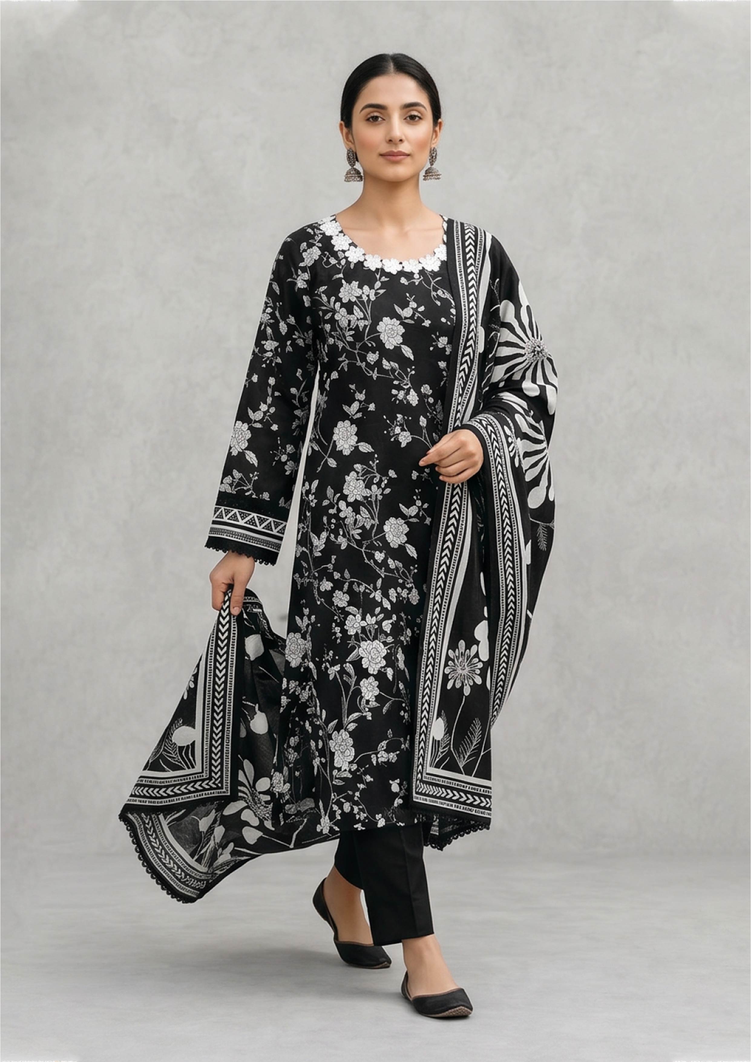 Close view of Midnight Bloom black lawn suit with white applique neckline and botanical floral print
