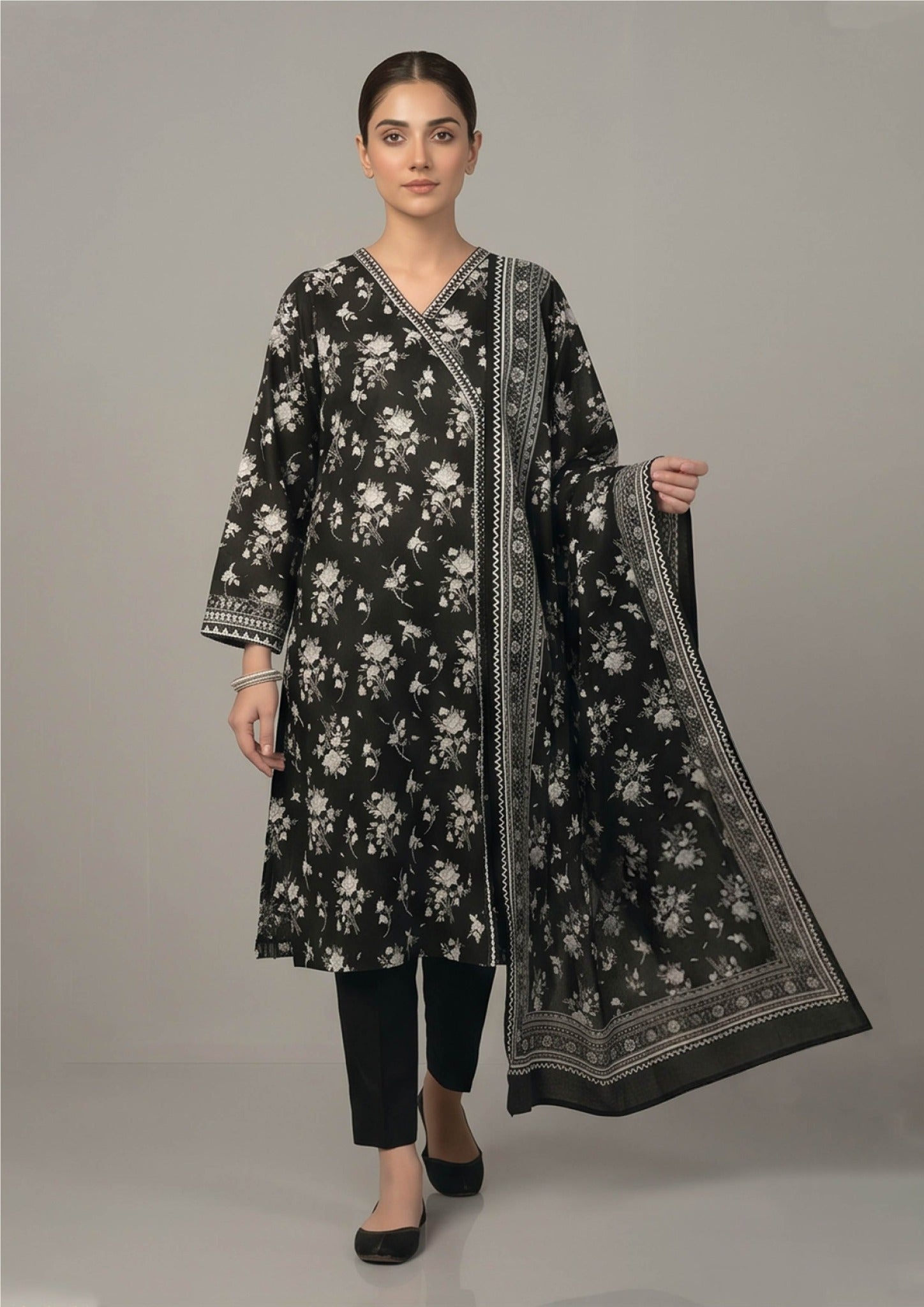 Midnight Chintz floral lawn suit with printed dupatta and wrap neckline