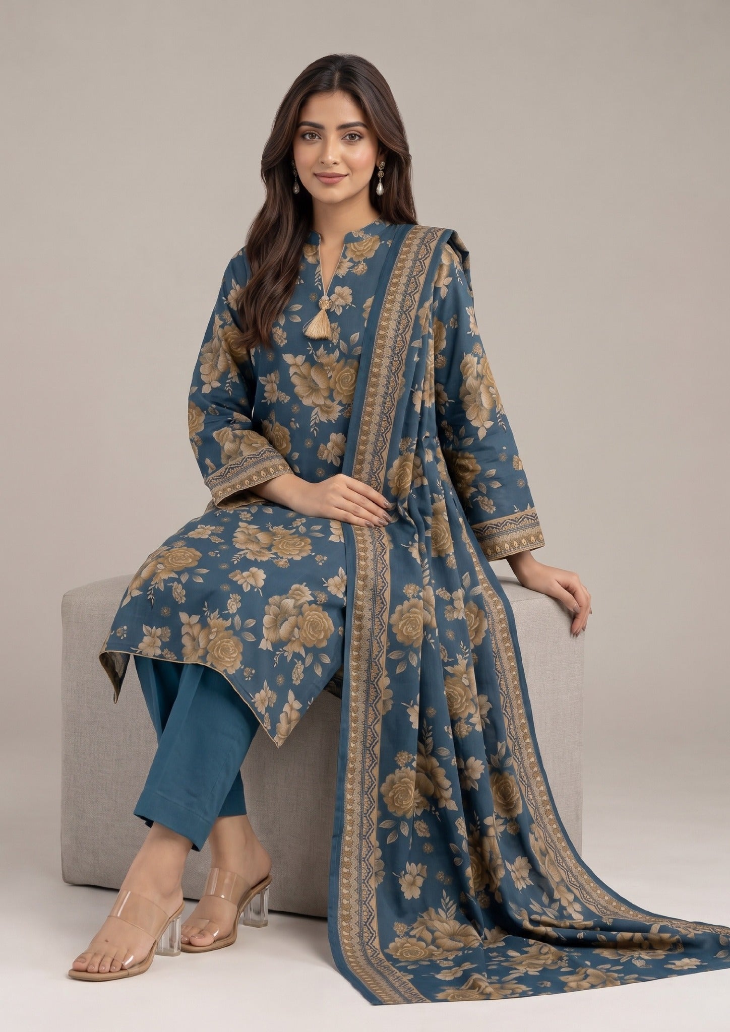 Front view of Midnight Gardenia Printed Lawn Suit by Mirasl with coordinated floral dupatta