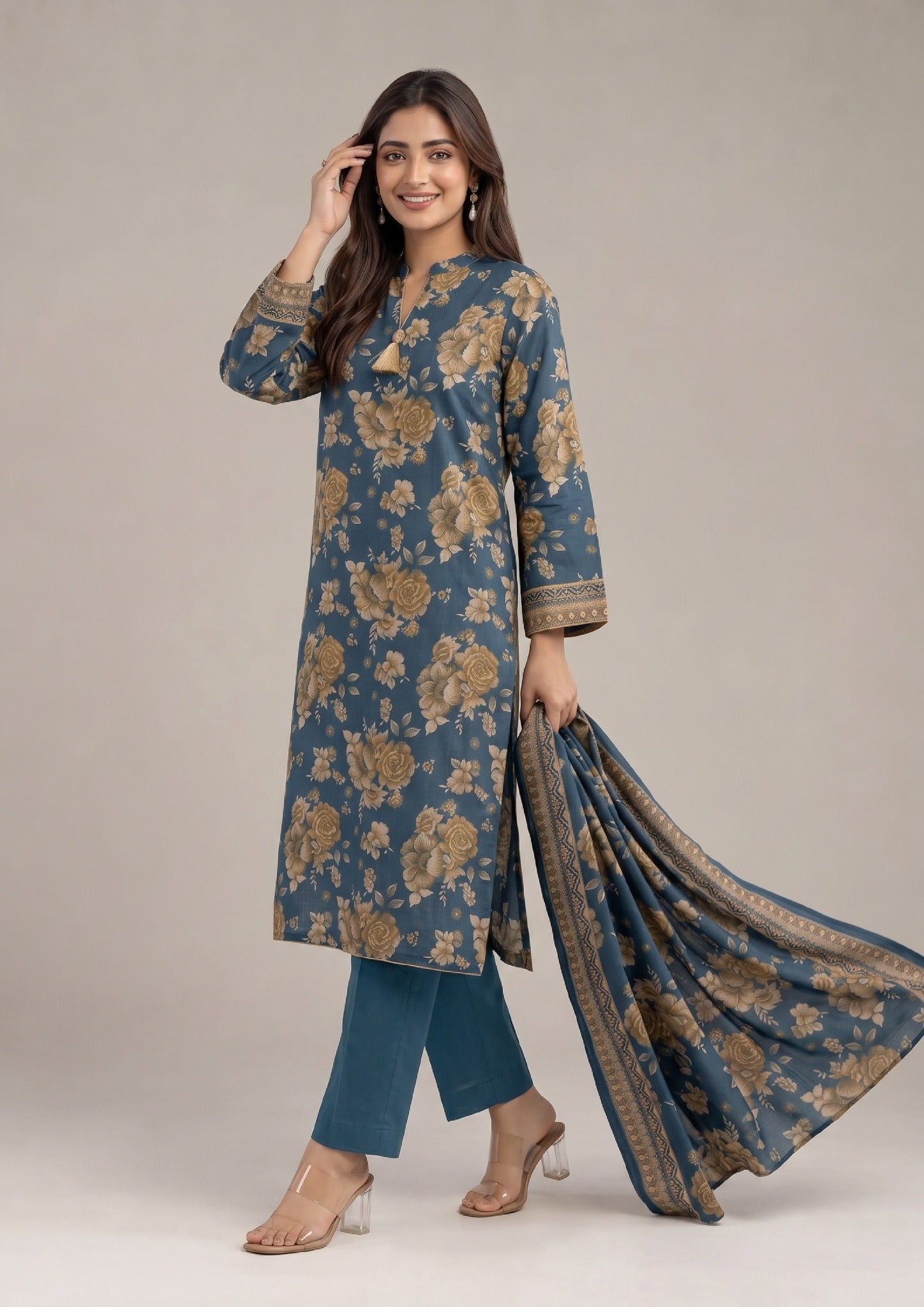 Back view of Midnight Gardenia 3 Piece Stitched Lawn Suit with floral printed dupatta