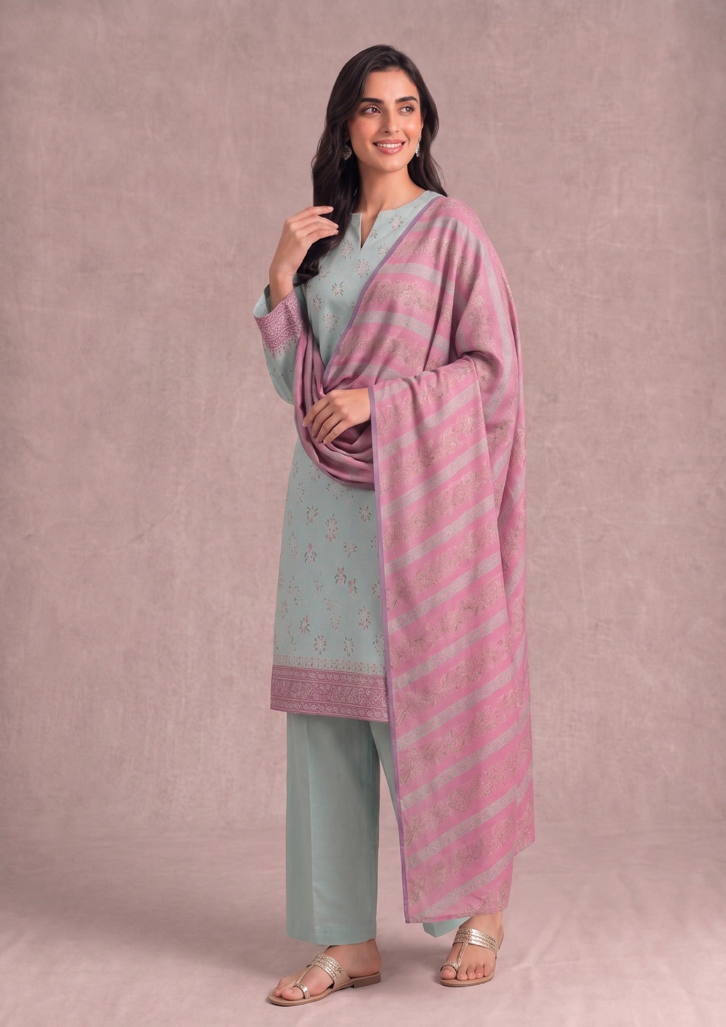 Front pose of Mint Grace Women's Lawn Suit showcasing delicate floral prints and elegant summer styling.