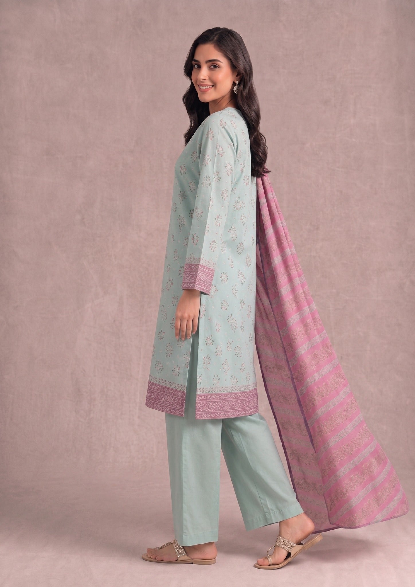 Side profile of Mint Grace Ready to Wear Lawn Suit highlighting the premium printed dupatta and graceful silhouette.