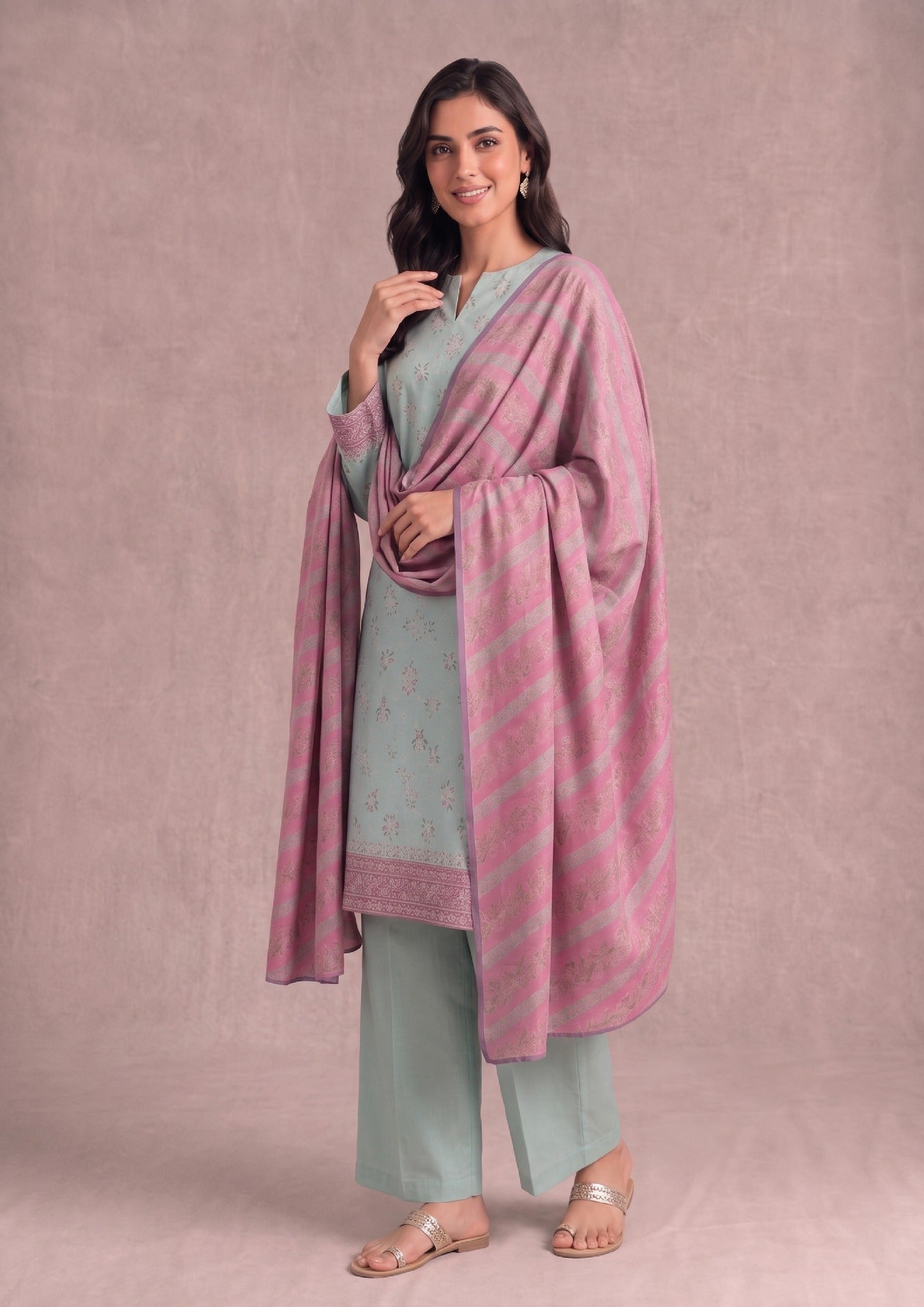 Elegant draped pose of Mint Grace 3 Piece Stitched Lawn Suit from the fasl-e-rang collection by Mirasl.