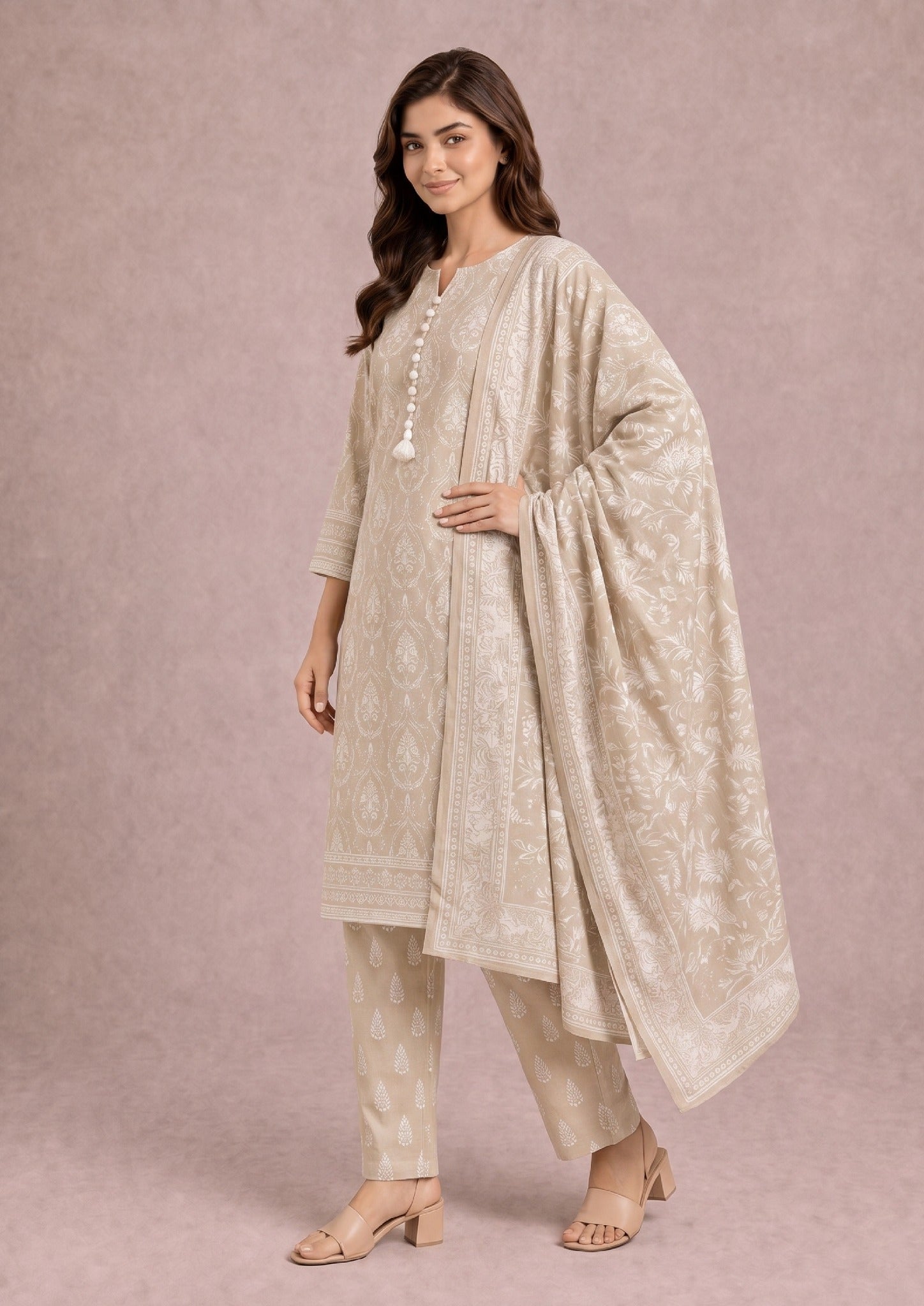 Beige Botanica 3 Piece Stitched Printed Suit by Mirasl front view with printed lawn dupatta