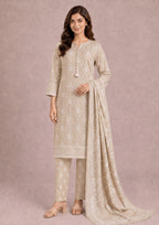 Full view of Beige Botanica printed lawn suit with printed trouser and dupatta