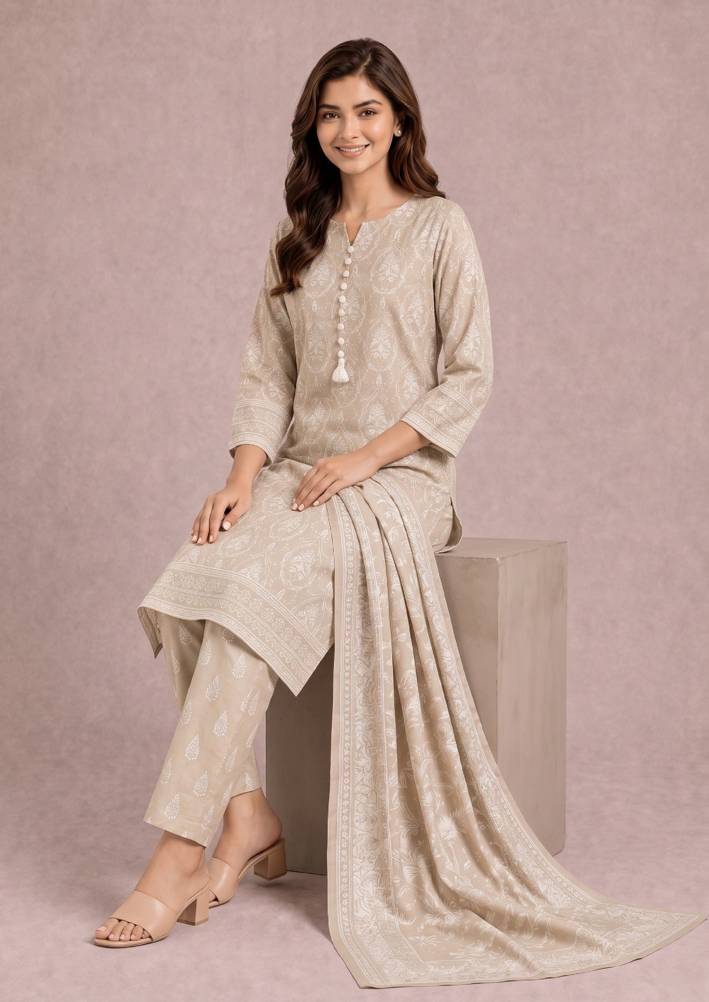 Seated view of Beige Botanica printed lawn suit with matching printed lawn dupatta