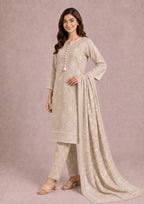 Side view of Beige Botanica beige printed lawn suit for women