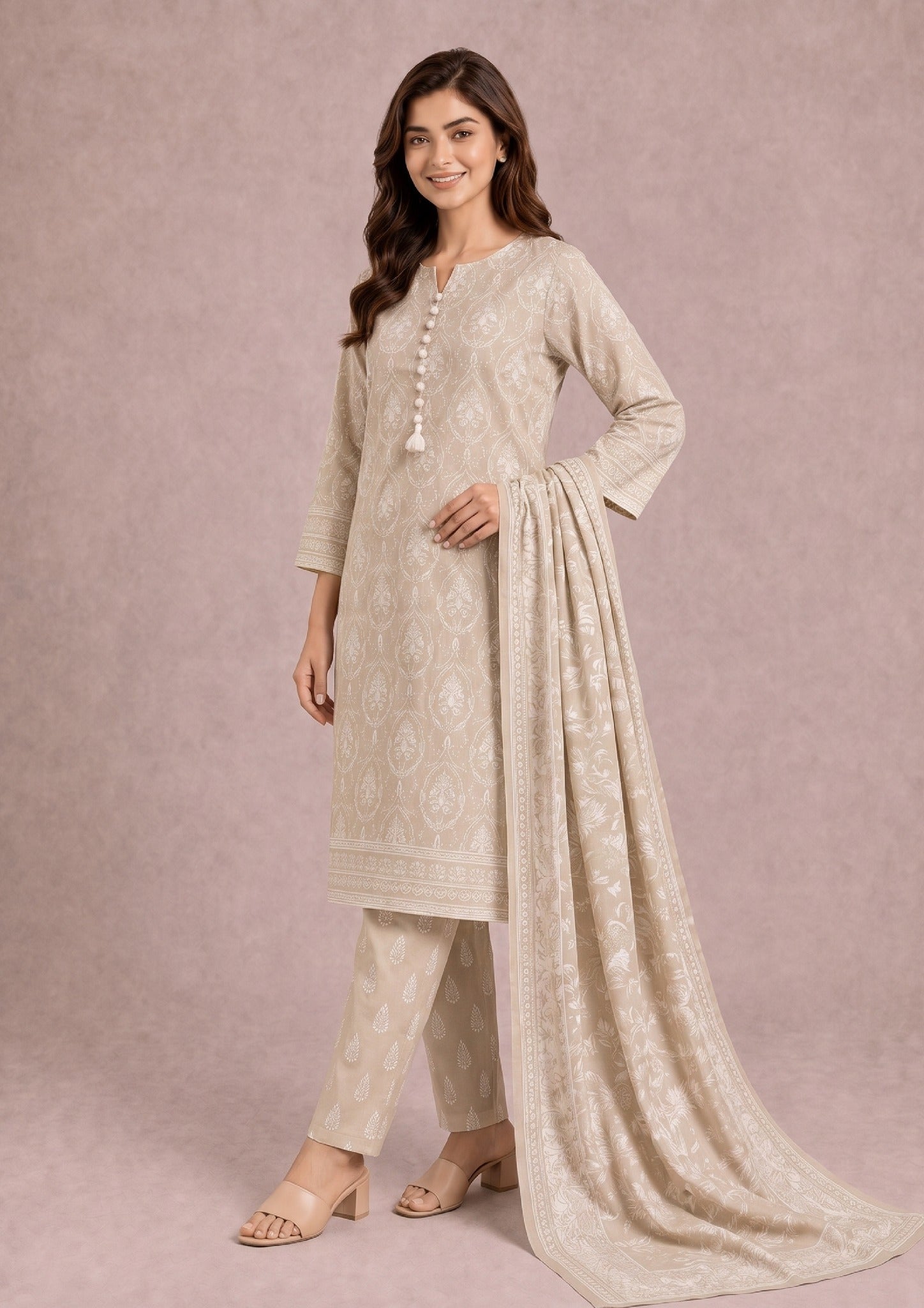Side view of Beige Botanica beige printed lawn suit for women