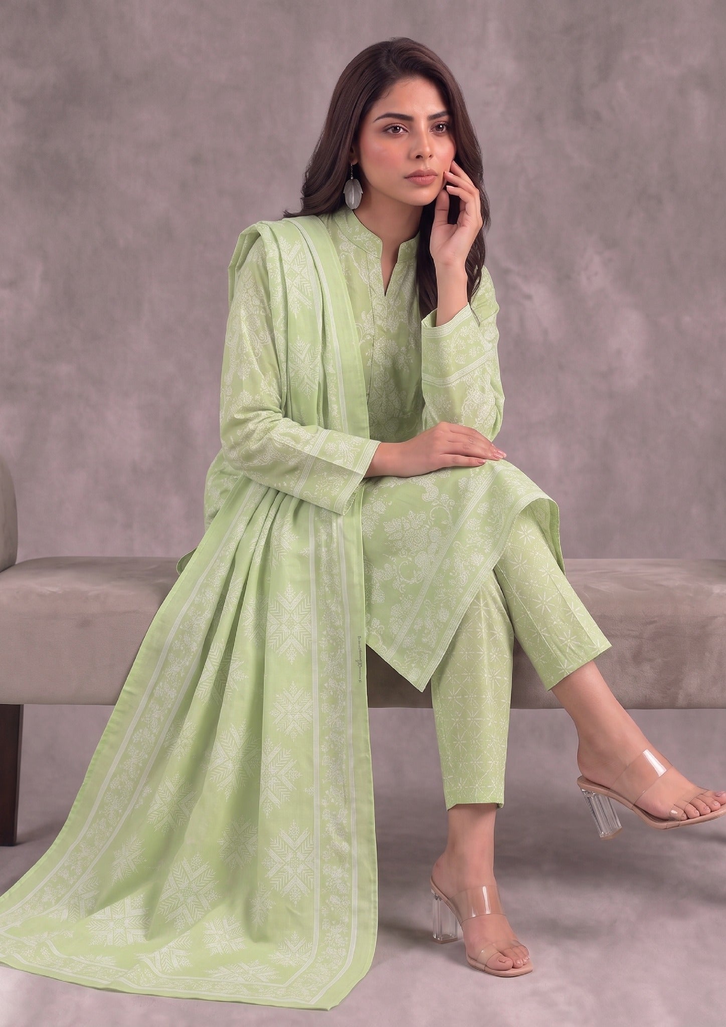 Crisp Leaf 3 Piece Stitched Printed Suit by Mirasl front seated view with printed lawn dupatta