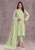Front full view of Crisp Leaf printed lawn suit with matching trouser and dupatta