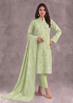 Front full view of Crisp Leaf printed lawn suit with matching trouser and dupatta