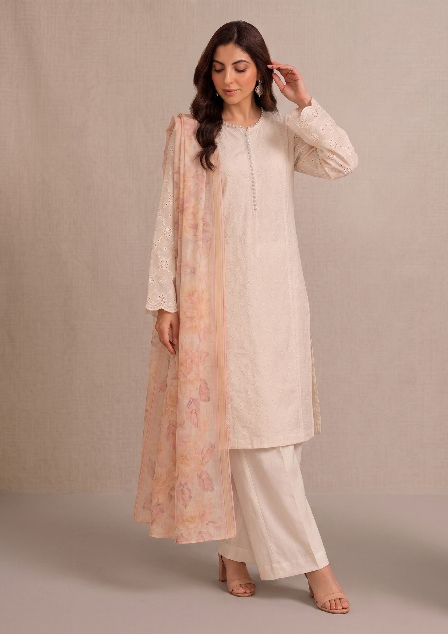 Side view of Ivory Pearl embroidered lawn suit for women