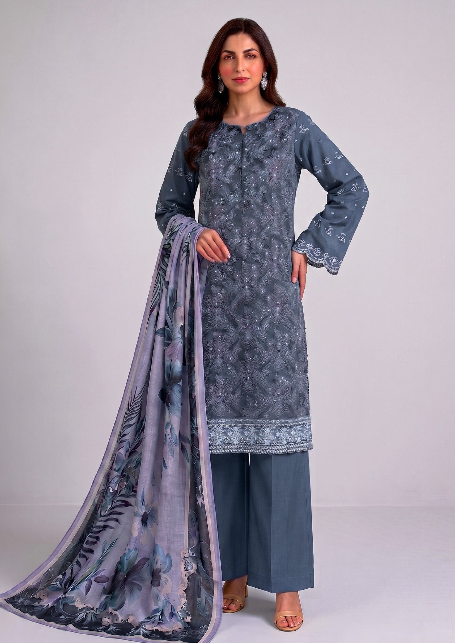 Ornate Blue premium embroidered suit with matching trouser and printed Monar dupatta