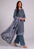 Mirasl Ornate Blue 3 Piece Stitched Embroidered Suit front view with printed Monar dupatta