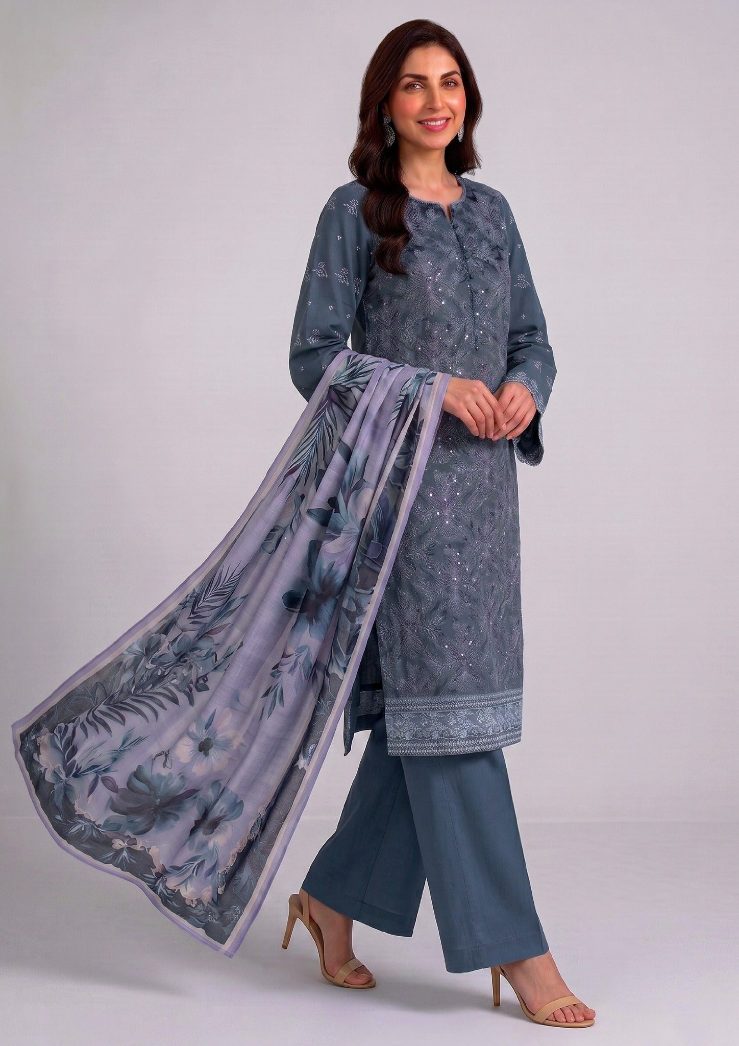 Mirasl Ornate Blue 3 Piece Stitched Embroidered Suit front view with printed Monar dupatta