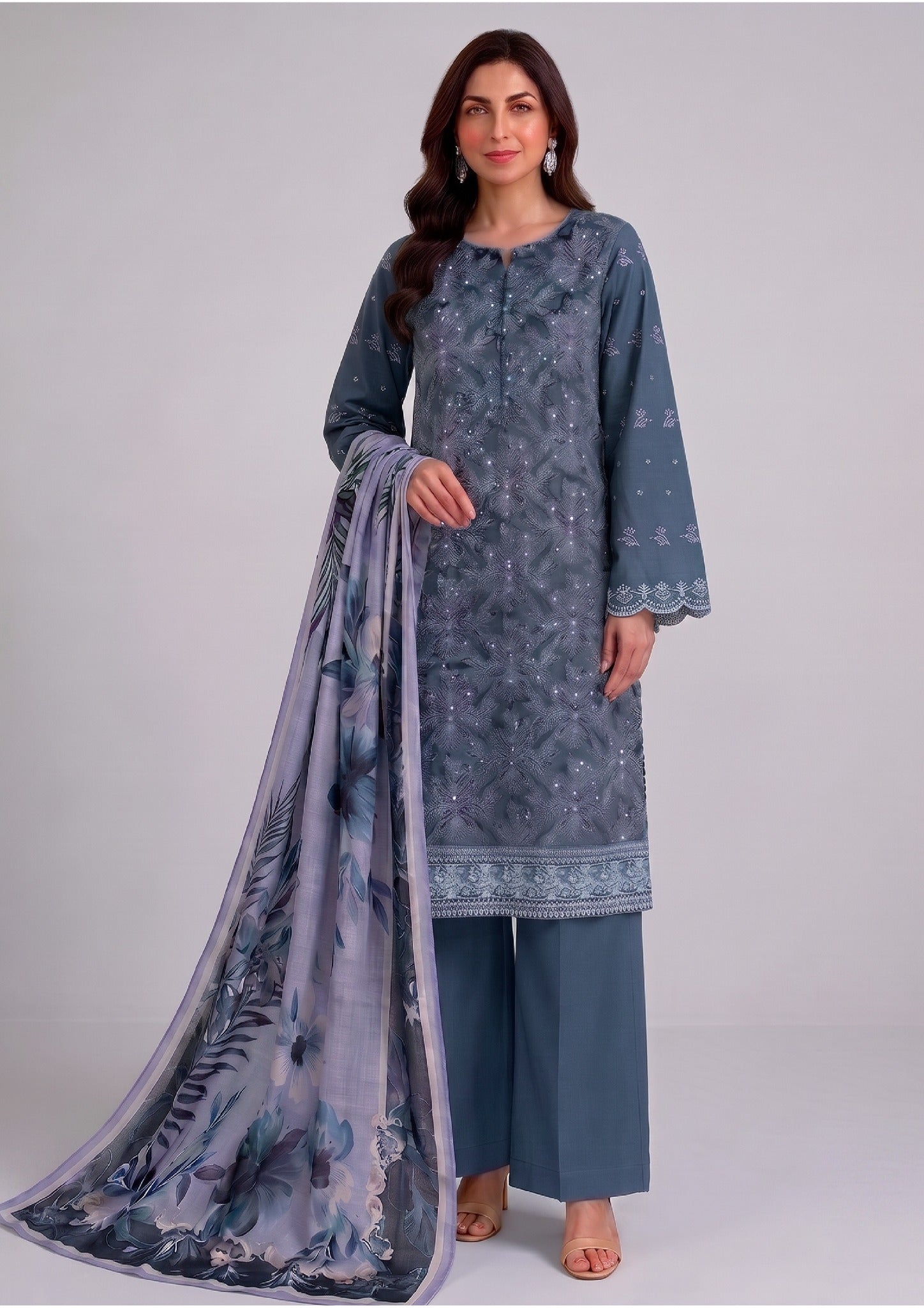 Pakistani women's Ornate Blue 3 piece stitched embroidered suit by Mirasl