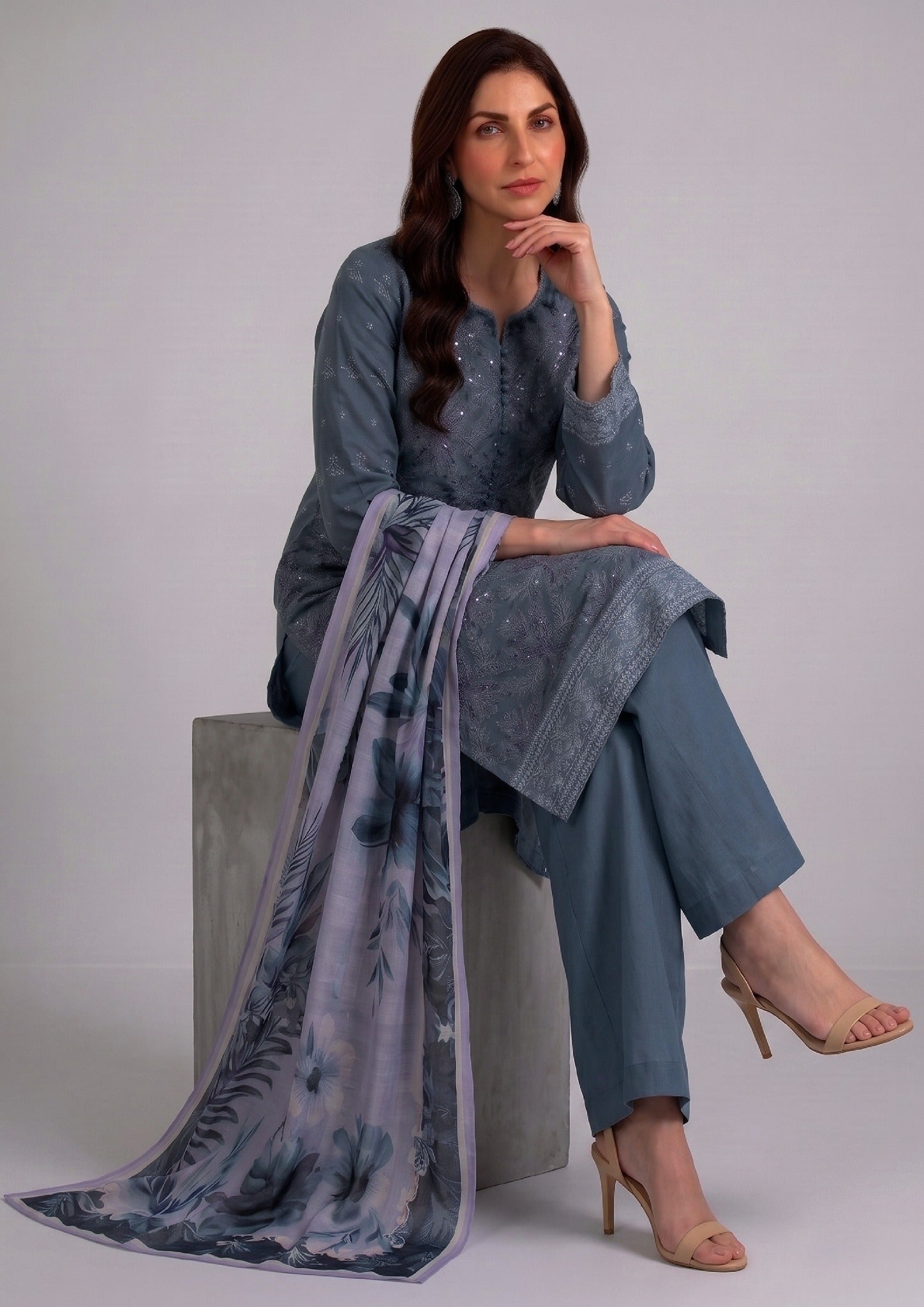 Ornate Blue embroidered suit showcasing floral embroidery and elegant detailing