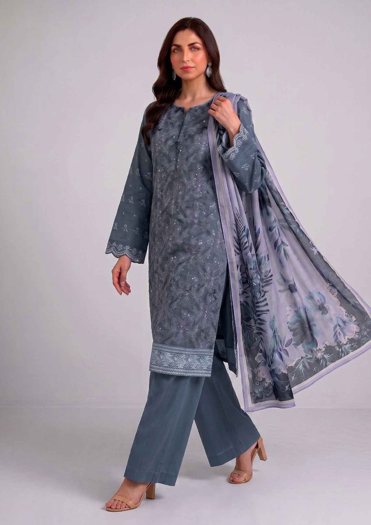 Mirasl Ornate Blue ready-to-wear embroidered suit with printed Monar dupatta