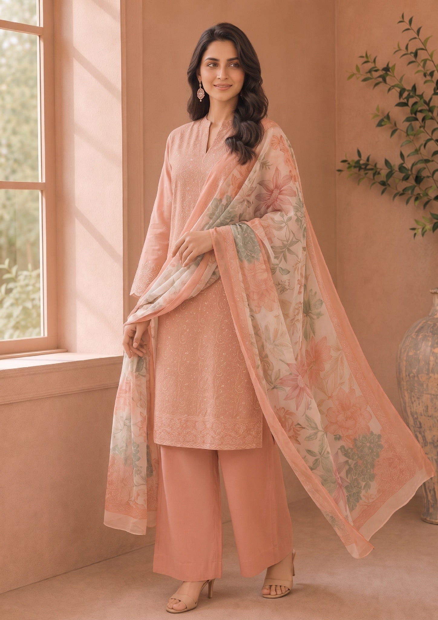 Mirasl Peach Ensemble embroidered lawn suit with floral Printed Georgette Dupatta