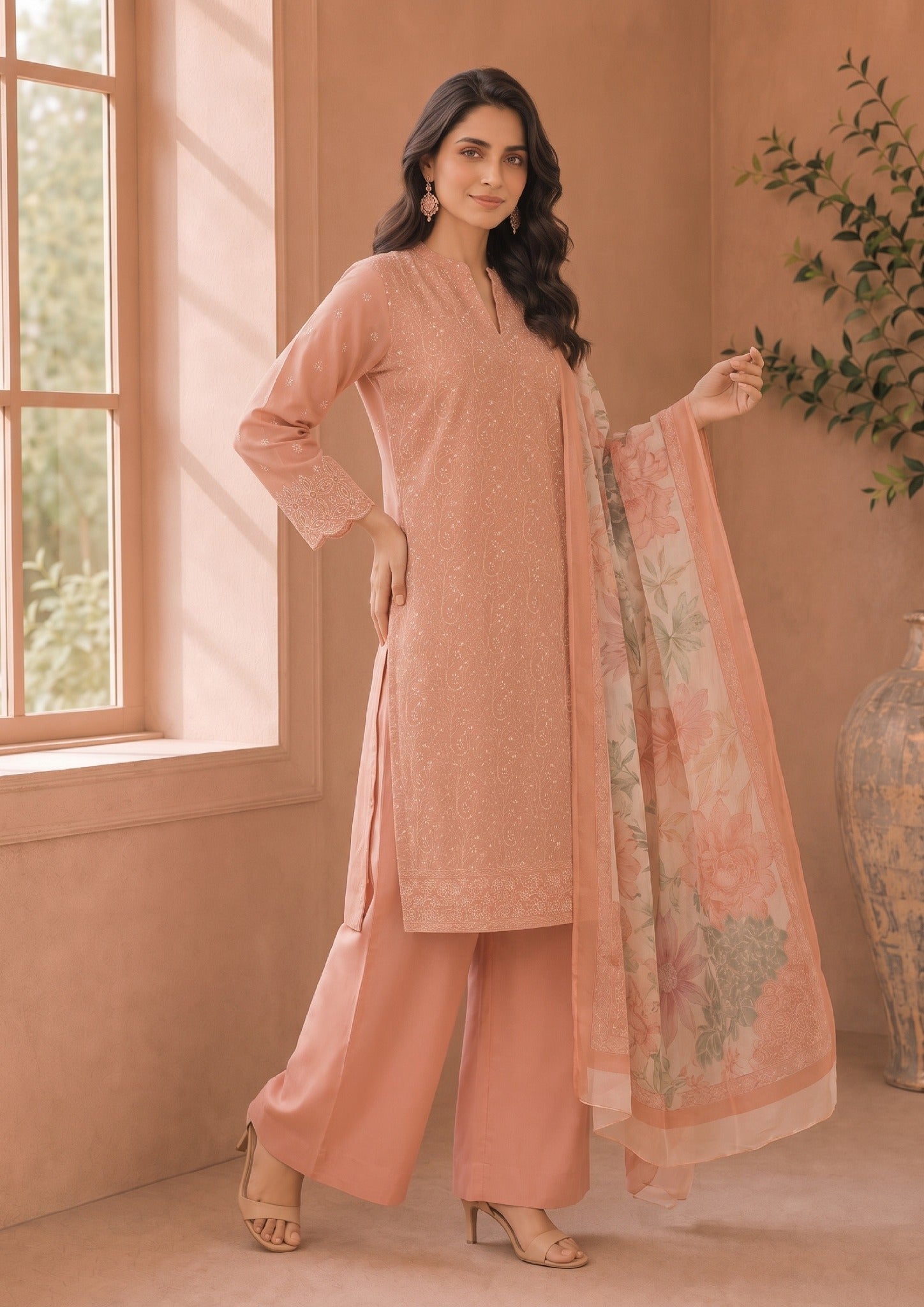 Premium Peach Ensemble ready-to-wear embroidered suit by Mirasl