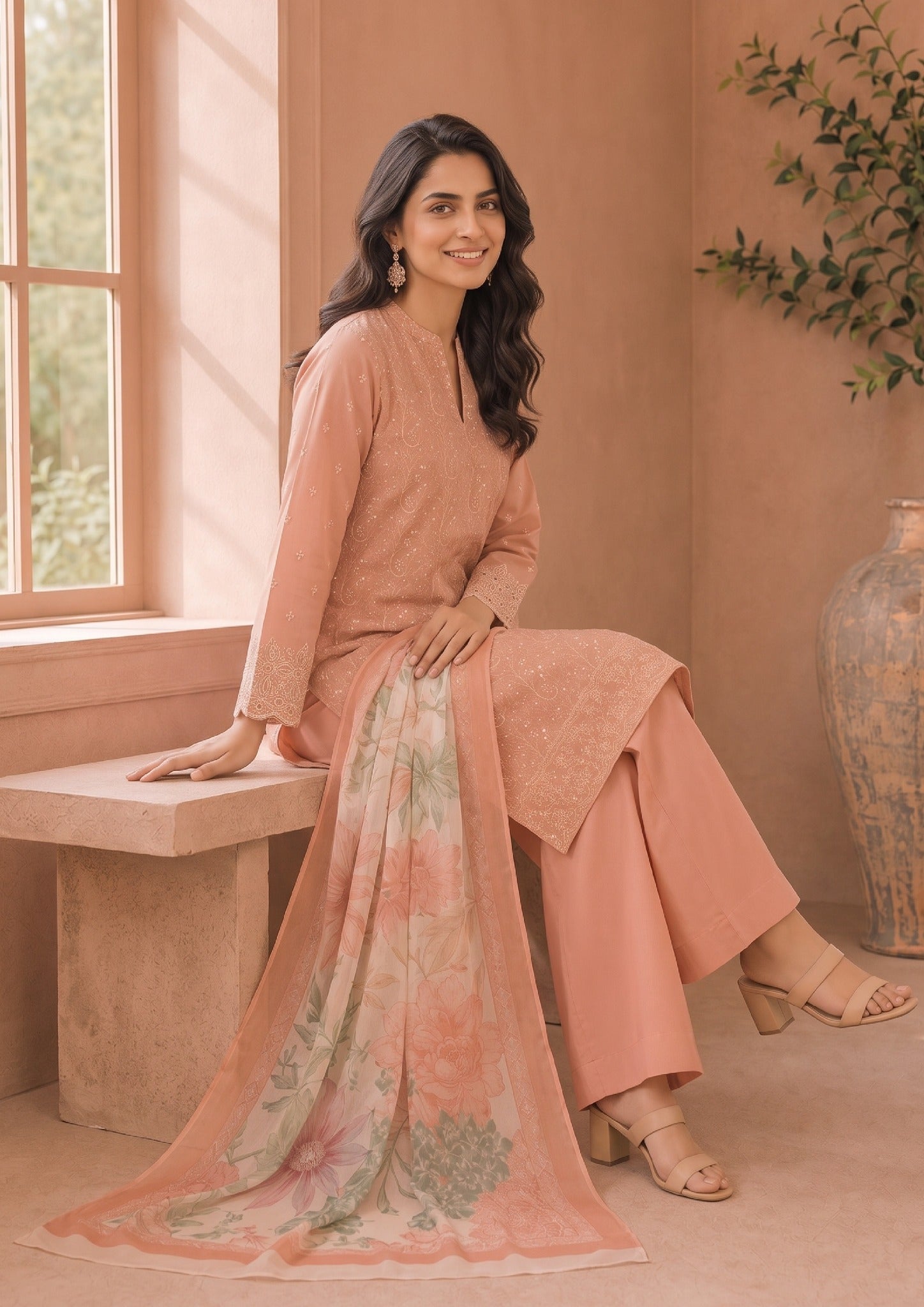 Front full view of Peach Ensemble embroidered lawn suit with matching trousers and Printed Georgette Dupatta