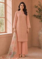 Peach Ensemble 3 Piece Stitched Embroidered Suit by Mirasl front view with Printed Georgette Dupatta